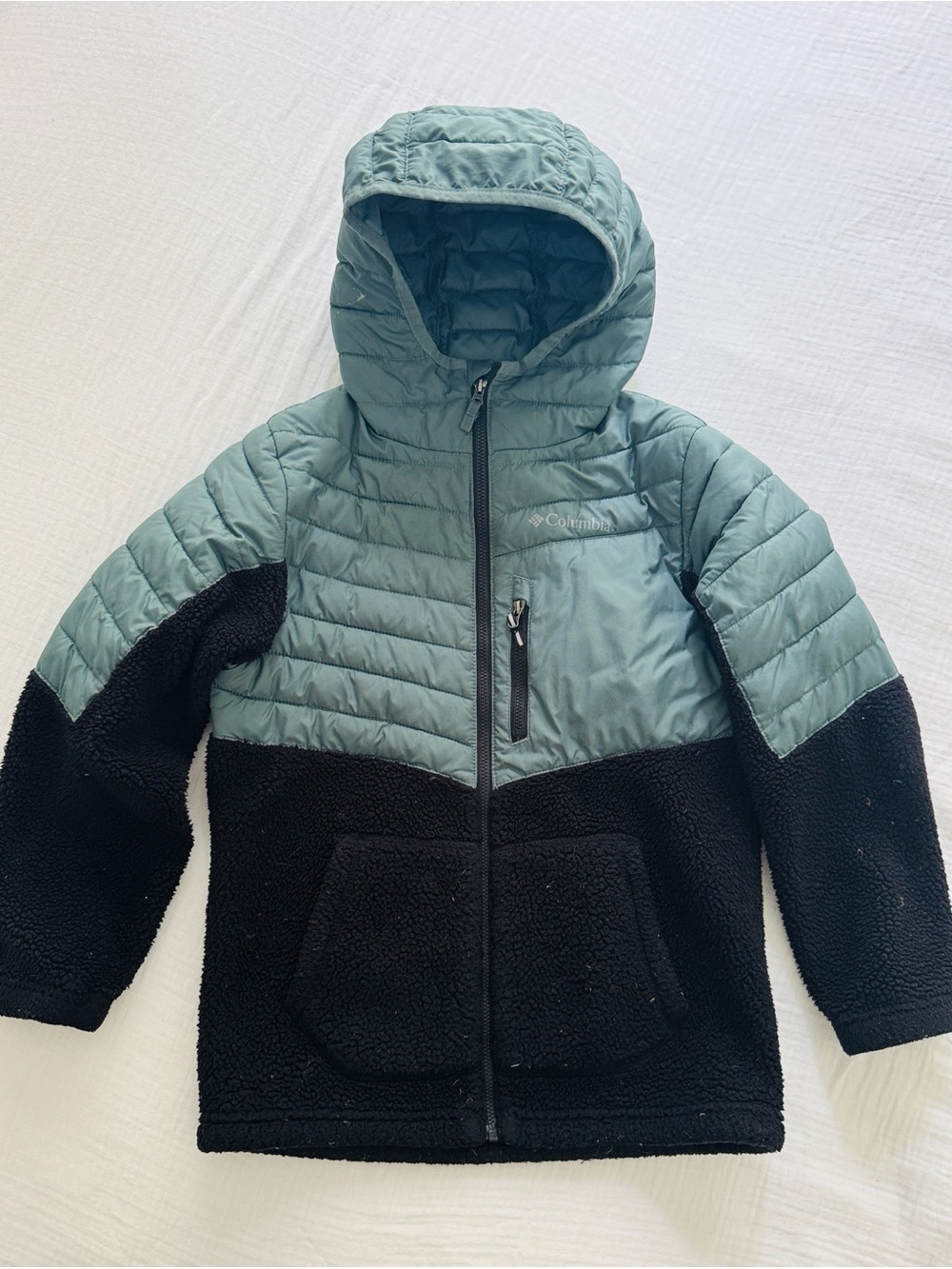 Columbia Boys Hooded Fleece-Puffer SZ M Jacket in Sage Green and Black Sherpa